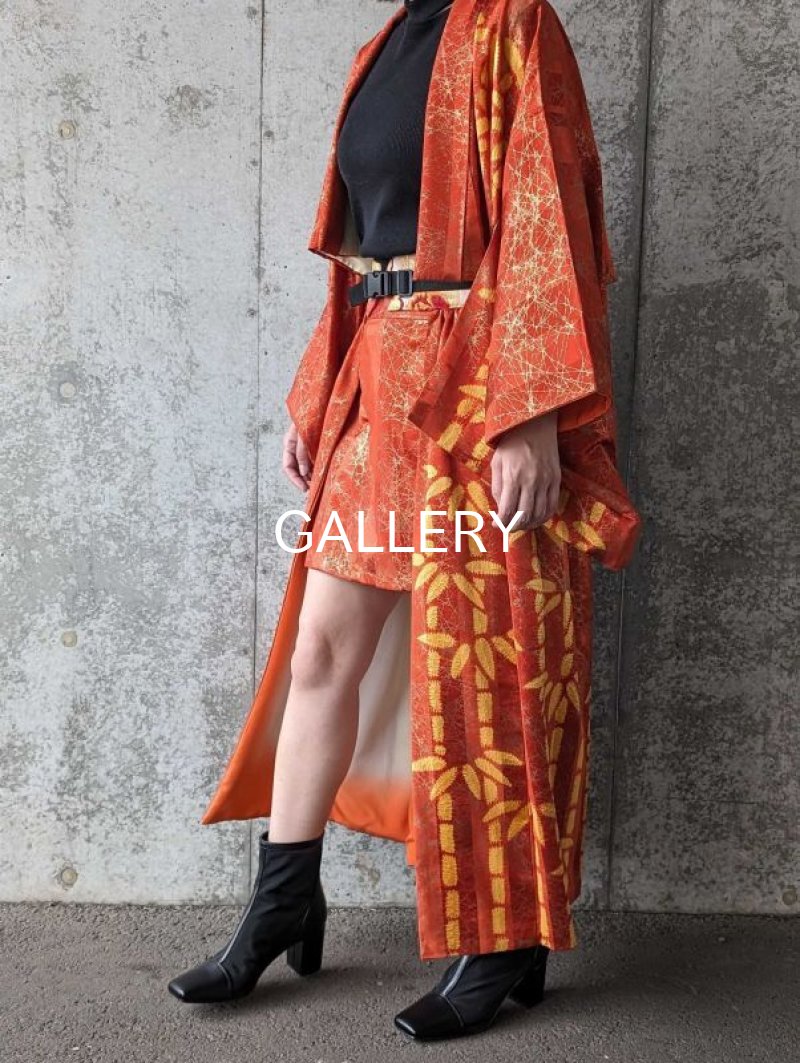 画像3: 【朱×赤ストライプ】金色絞り染め竹柄ジャケット＆タイトミニ＆オーバースカート (3)