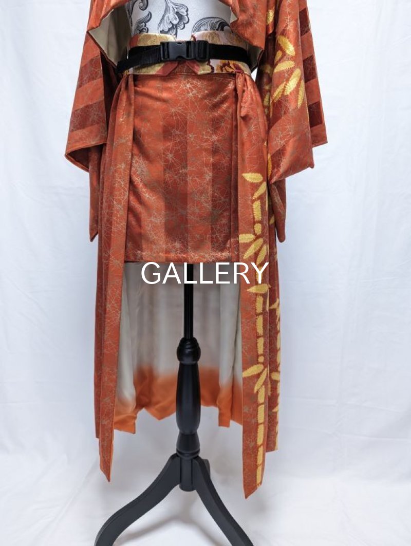 画像6: 【朱×赤ストライプ】金色絞り染め竹柄ジャケット＆タイトミニ＆オーバースカート (6)