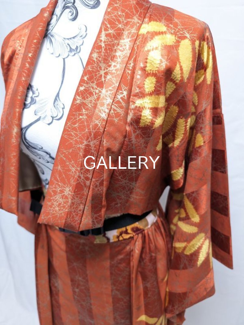 画像7: 【朱×赤ストライプ】金色絞り染め竹柄ジャケット＆タイトミニ＆オーバースカート (7)