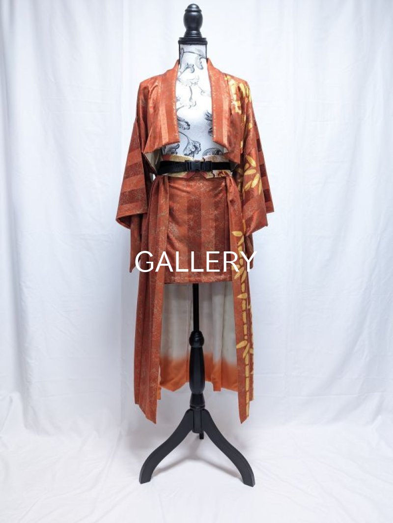 画像5: 【朱×赤ストライプ】金色絞り染め竹柄ジャケット＆タイトミニ＆オーバースカート (5)