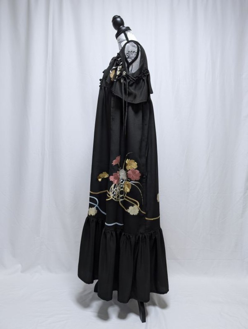 画像9: 【刺繍花籠】黒留袖オフショルダーリボンドレス (9)