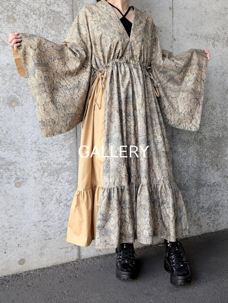 画像2: 森柄プリント小紋×シャーリング×kimonoワンピース (2)