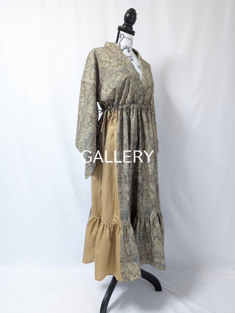 画像6: 森柄プリント小紋×シャーリング×kimonoワンピース (6)