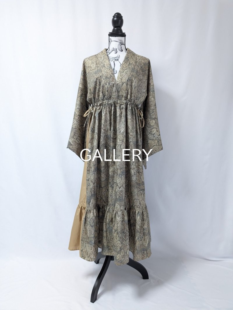画像5: 森柄プリント小紋×シャーリング×kimonoワンピース (5)