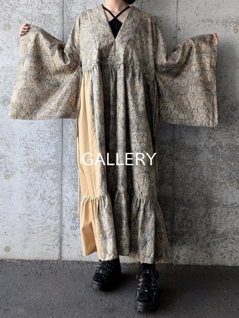 画像4: 森柄プリント小紋×シャーリング×kimonoワンピース (4)