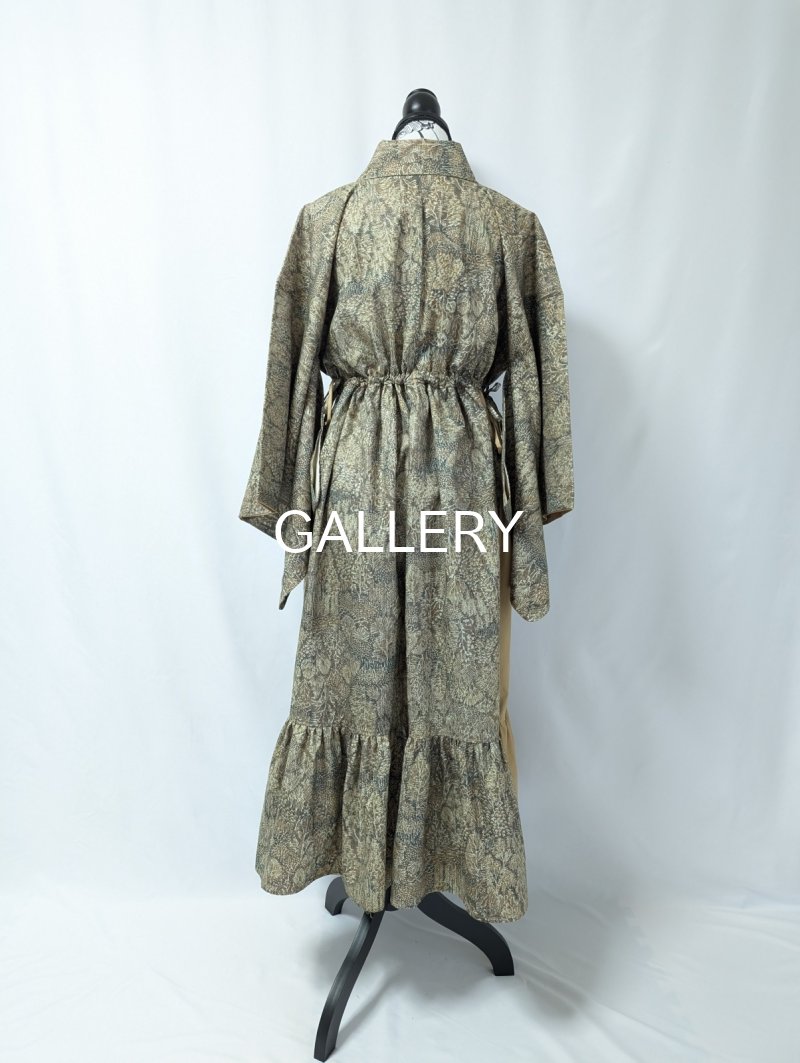 画像7: 森柄プリント小紋×シャーリング×kimonoワンピース (7)