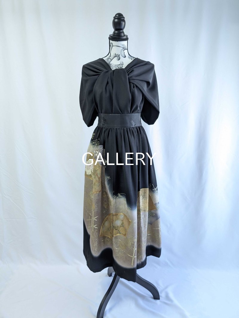 画像12: 【扇に四季草花×剣木瓜紋】黒留袖無限wayワンピース (12)