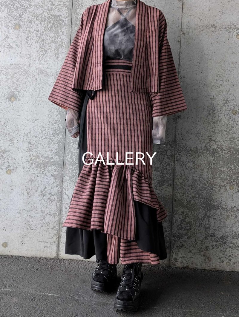 画像2: 【pinkストライプチェック】kimonoジャケット＆マーメイドラップスカートセットアップ (2)