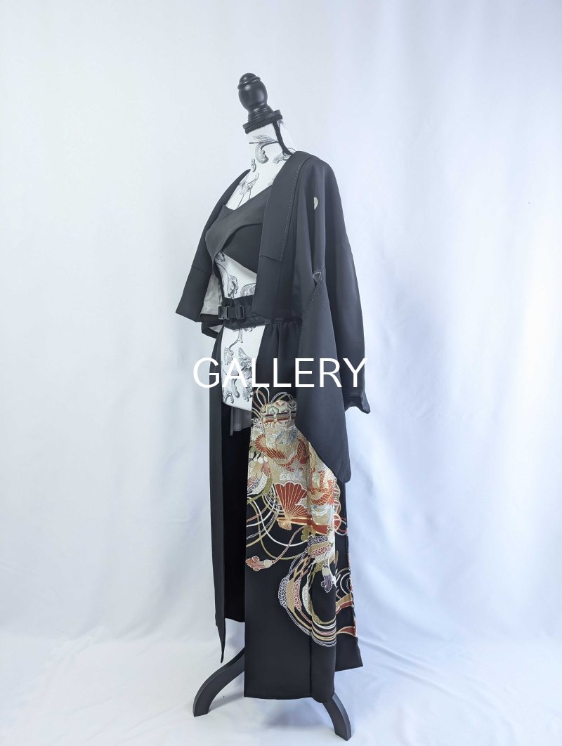 画像14: 【金駒扇×鳳凰×几帳文】黒留袖オーバースカート＆リボンジャケットセットアップ (14)