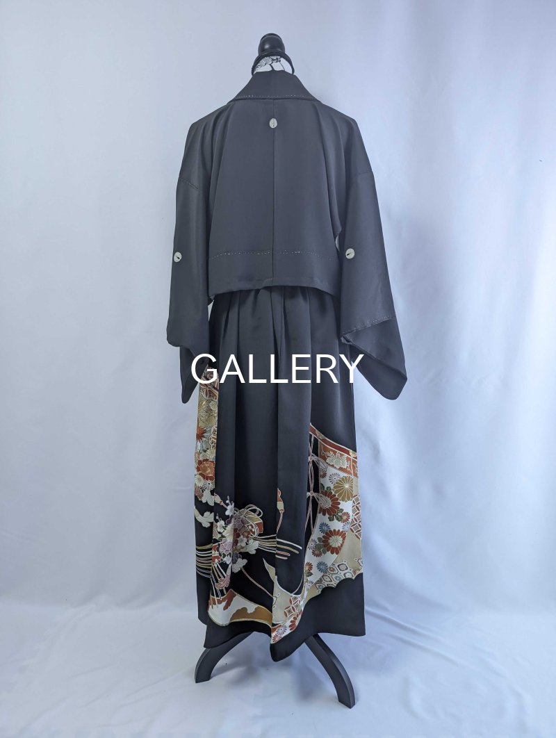 画像28: 【金駒扇×鳳凰×几帳文】黒留袖オーバースカート＆リボンジャケットセットアップ (28)
