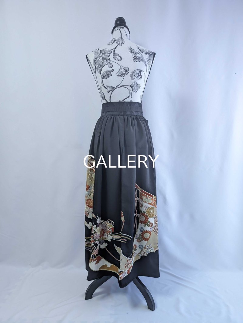 画像21: 【金駒扇×鳳凰×几帳文】黒留袖オーバースカート＆リボンジャケットセットアップ (21)