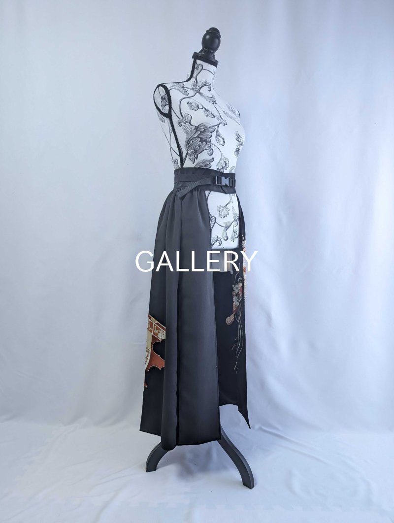 画像24: 【金駒扇×鳳凰×几帳文】黒留袖オーバースカート＆リボンジャケットセットアップ (24)