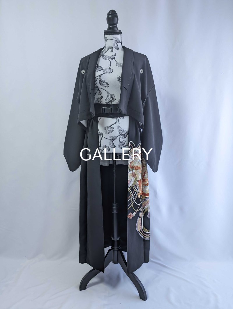 画像25: 【金駒扇×鳳凰×几帳文】黒留袖オーバースカート＆リボンジャケットセットアップ (25)