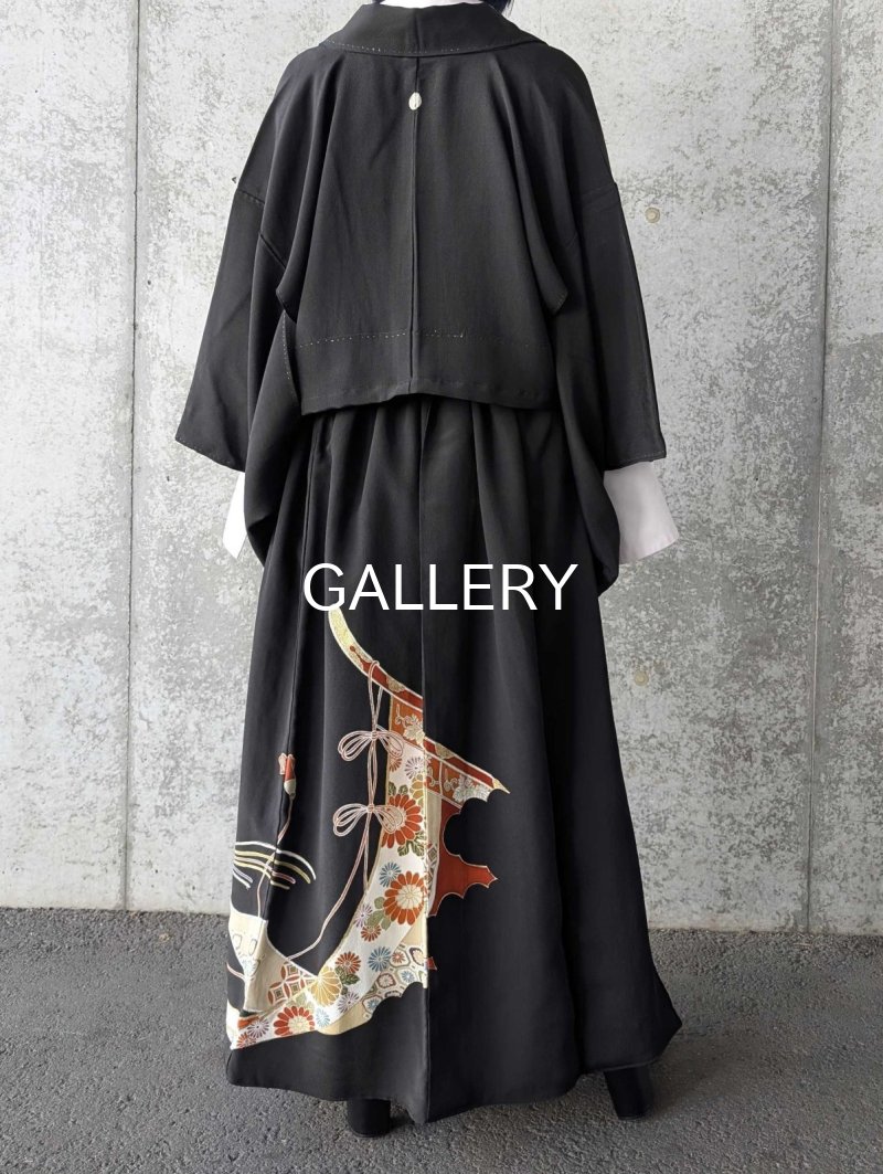 画像4: 【金駒扇×鳳凰×几帳文】黒留袖オーバースカート＆リボンジャケットセットアップ (4)