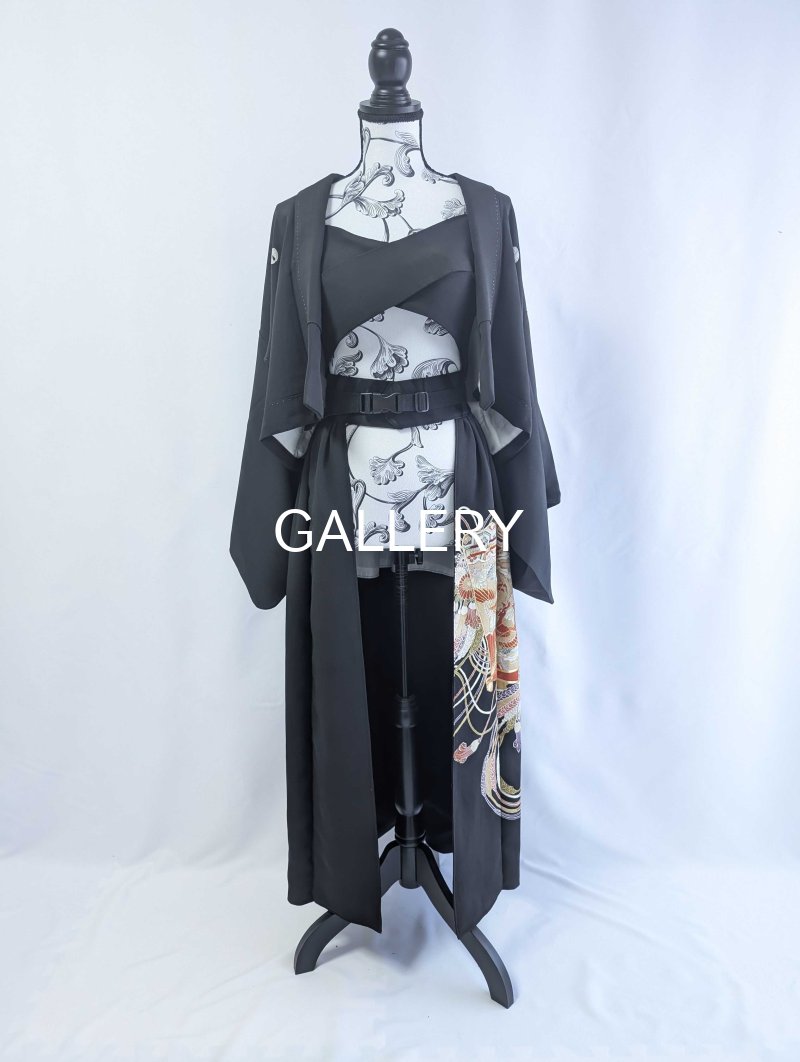 画像10: 【金駒扇×鳳凰×几帳文】黒留袖オーバースカート＆リボンジャケットセットアップ (10)