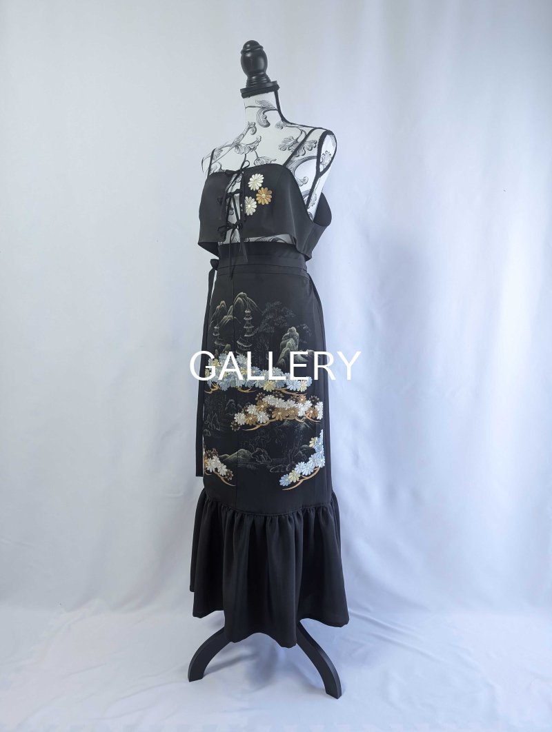 画像7: 【楼閣山水文×絢爛刺繍】黒留袖ビスチェ＆ラップスカート (7)