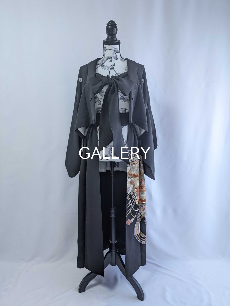 画像6: 【金駒扇×鳳凰×几帳文】黒留袖オーバースカート＆リボンジャケットセットアップ (6)