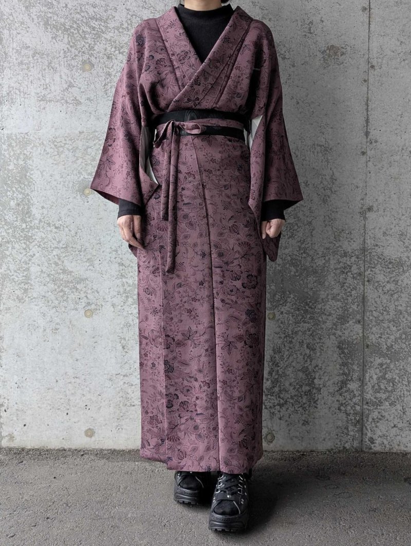 画像2: 【葡萄染色×鳳凰に草花文様】小紋ラップスカートセットアップ (2)