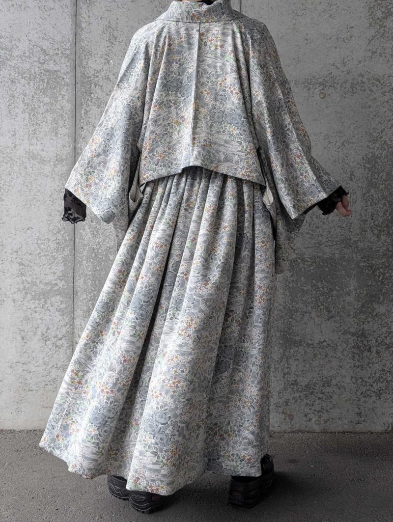 画像4: 【芍薬×流水文様】小紋オーバースカート&リボンジャケットセットアップ (4)