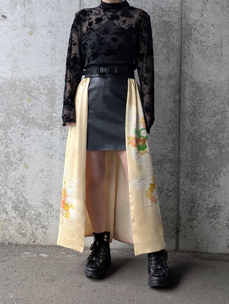 画像5: 【淡黄地紋×金駒菊×四季草花】振袖オーバースカート&リボンジャケット (5)