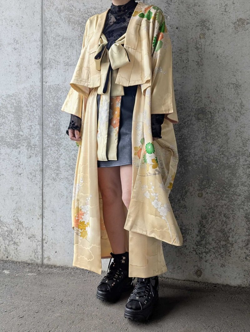 画像3: 【淡黄地紋×金駒菊×四季草花】振袖オーバースカート&リボンジャケット (3)