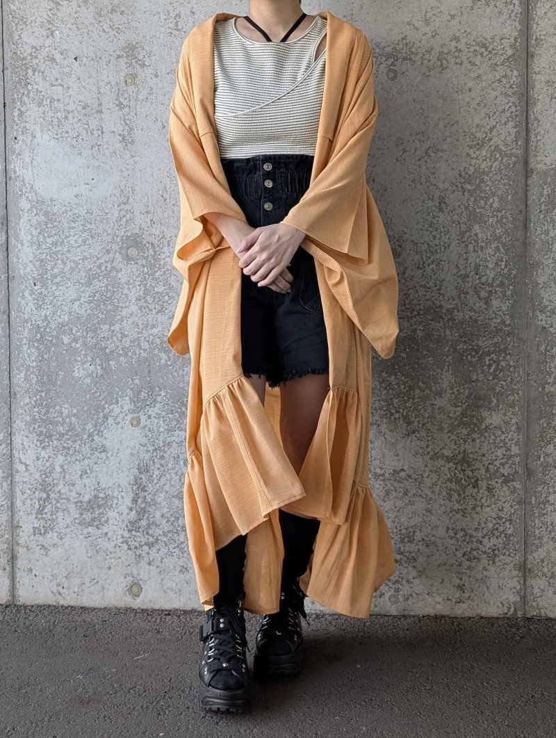 画像4: 【流水地紋×五三桐紋】柑子色シースルーフリルガウン (4)