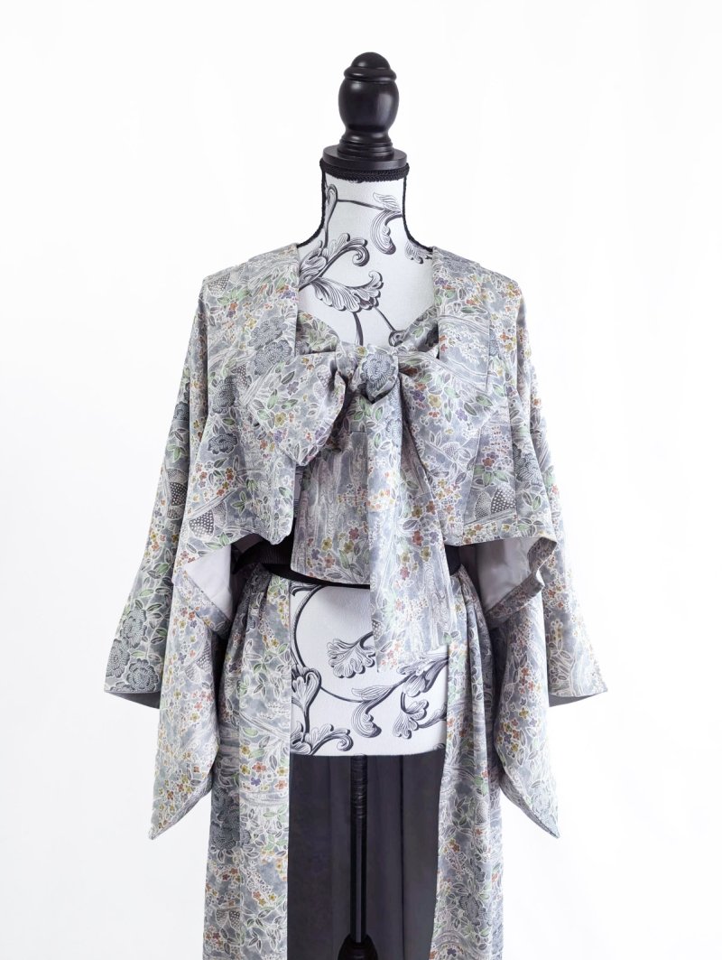 画像21: 【芍薬×流水文様】小紋オーバースカート&リボンジャケットセットアップ (21)