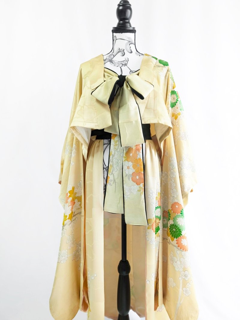 画像20: 【淡黄地紋×金駒菊×四季草花】振袖オーバースカート&リボンジャケット (20)