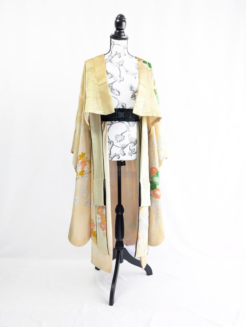画像36: 【淡黄地紋×金駒菊×四季草花】振袖オーバースカート&リボンジャケット (36)