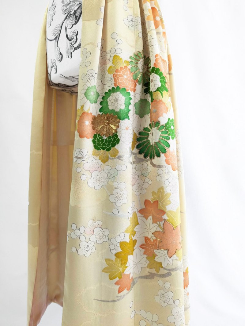 画像18: 【淡黄地紋×金駒菊×四季草花】振袖オーバースカート&リボンジャケット (18)