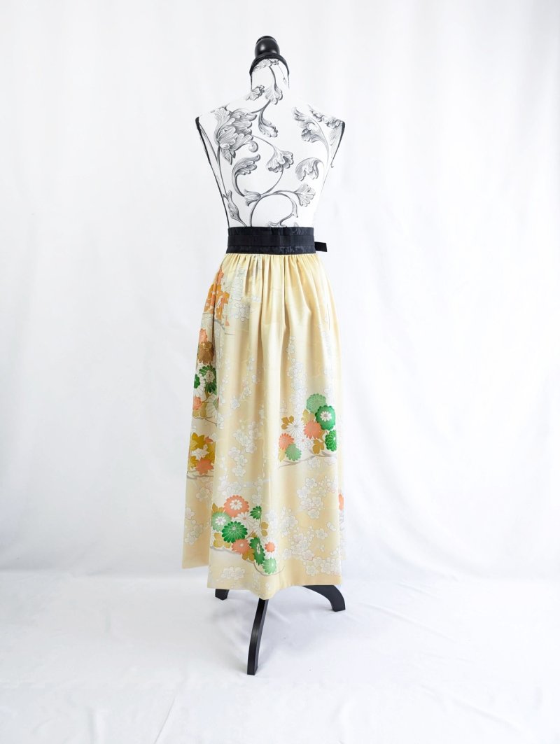 画像14: 【淡黄地紋×金駒菊×四季草花】振袖オーバースカート&リボンジャケット (14)