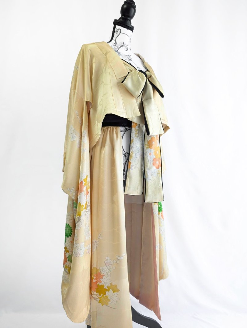 画像32: 【淡黄地紋×金駒菊×四季草花】振袖オーバースカート&リボンジャケット (32)