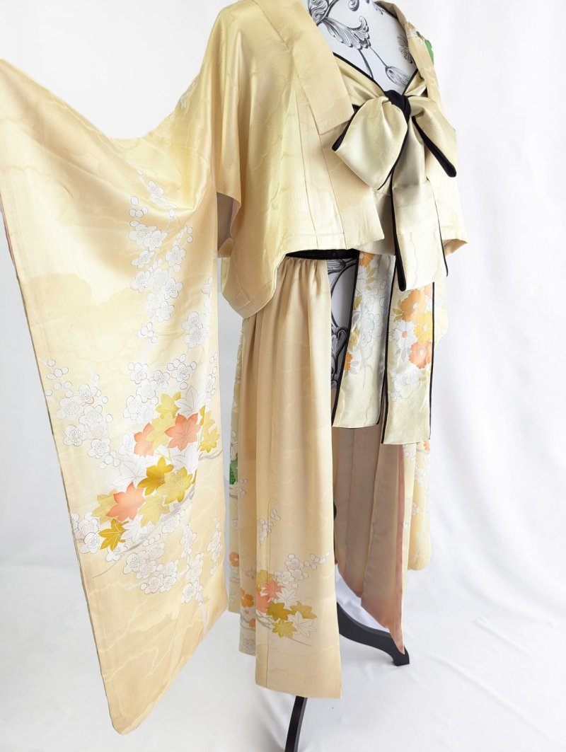 画像33: 【淡黄地紋×金駒菊×四季草花】振袖オーバースカート&リボンジャケット (33)