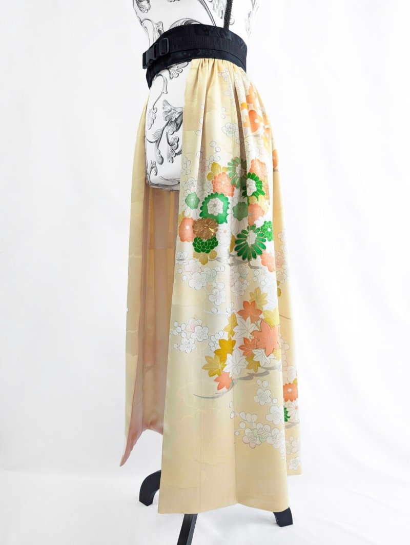 画像11: 【淡黄地紋×金駒菊×四季草花】振袖オーバースカート&リボンジャケット (11)