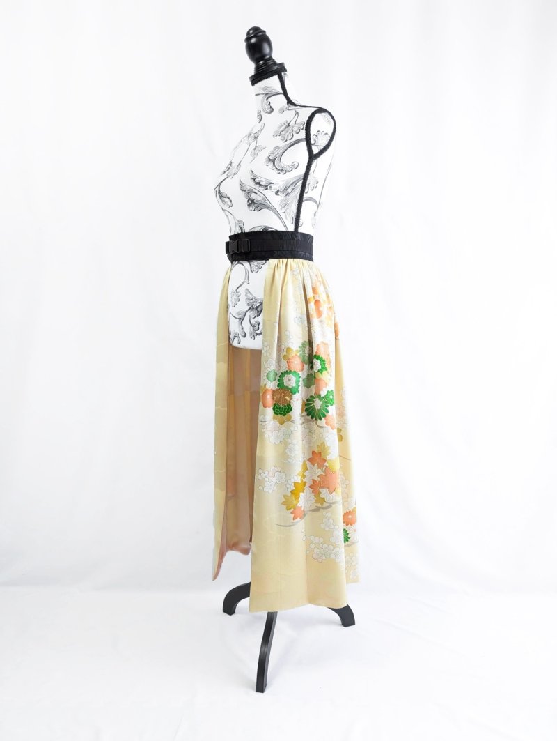 画像10: 【淡黄地紋×金駒菊×四季草花】振袖オーバースカート&リボンジャケット (10)