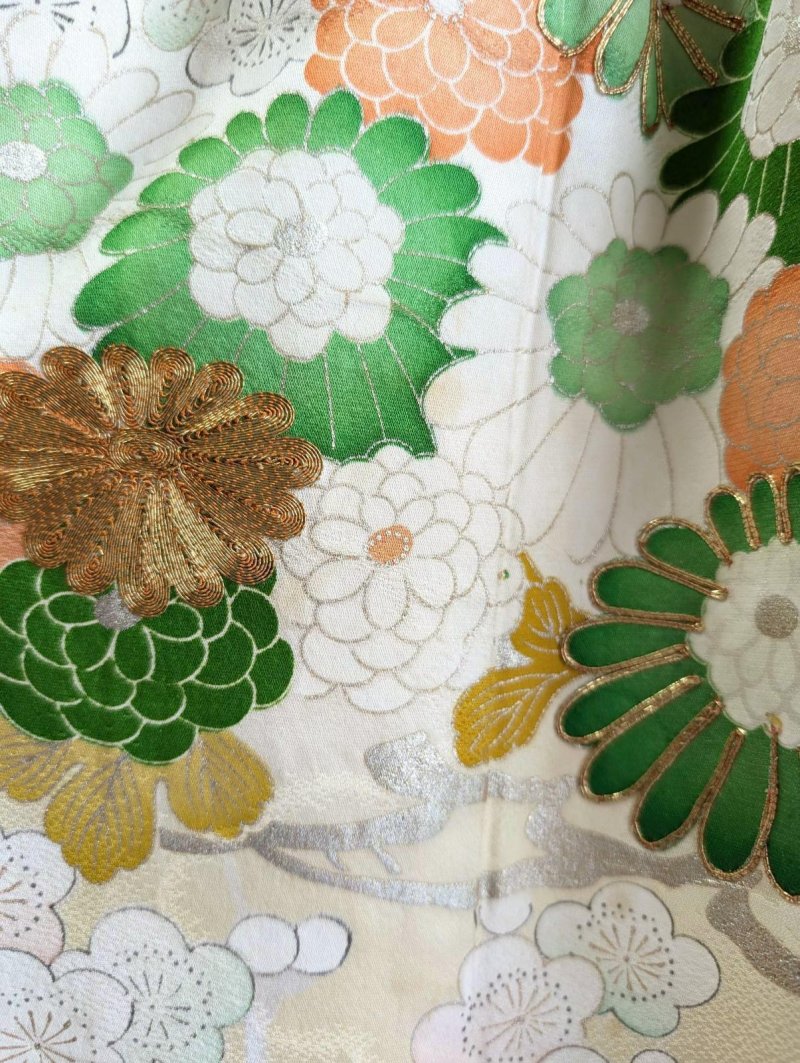 画像40: 【淡黄地紋×金駒菊×四季草花】振袖オーバースカート&リボンジャケット (40)