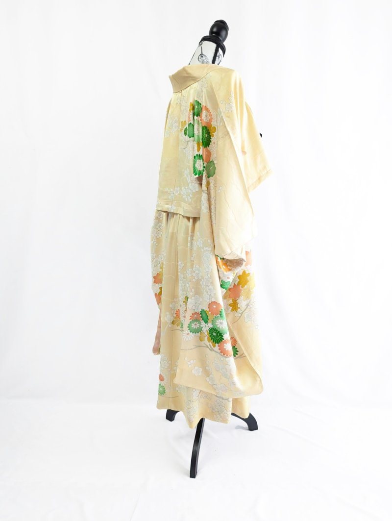 画像29: 【淡黄地紋×金駒菊×四季草花】振袖オーバースカート&リボンジャケット (29)