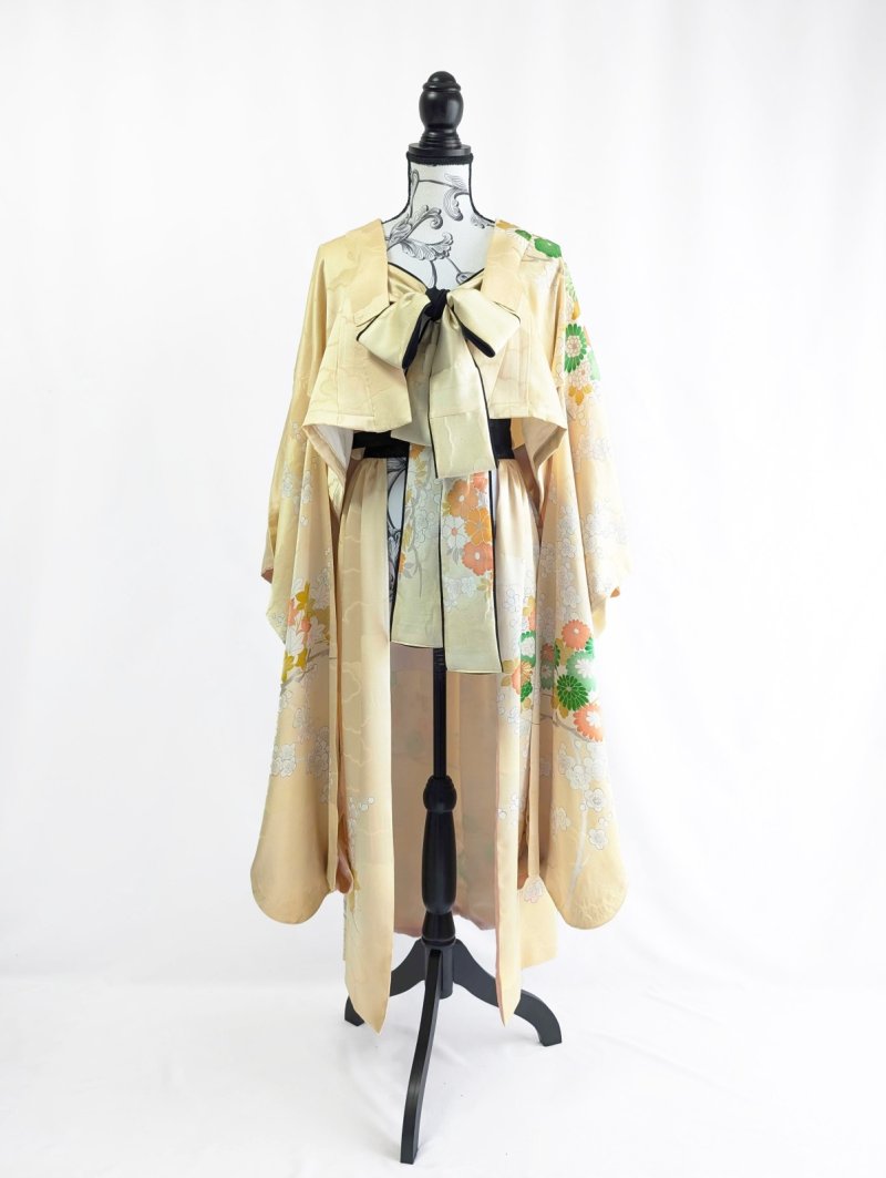 画像19: 【淡黄地紋×金駒菊×四季草花】振袖オーバースカート&リボンジャケット (19)