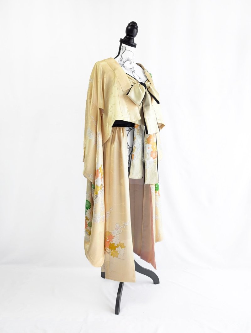 画像31: 【淡黄地紋×金駒菊×四季草花】振袖オーバースカート&リボンジャケット (31)