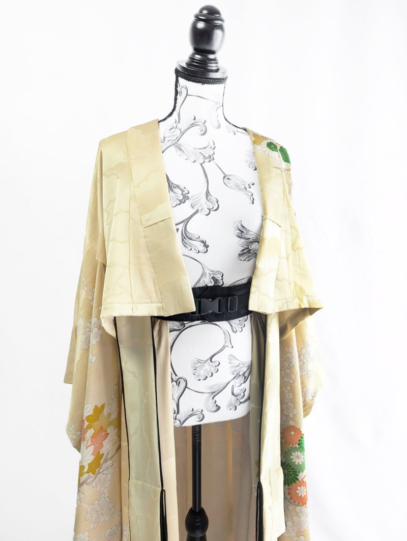 画像37: 【淡黄地紋×金駒菊×四季草花】振袖オーバースカート&リボンジャケット (37)