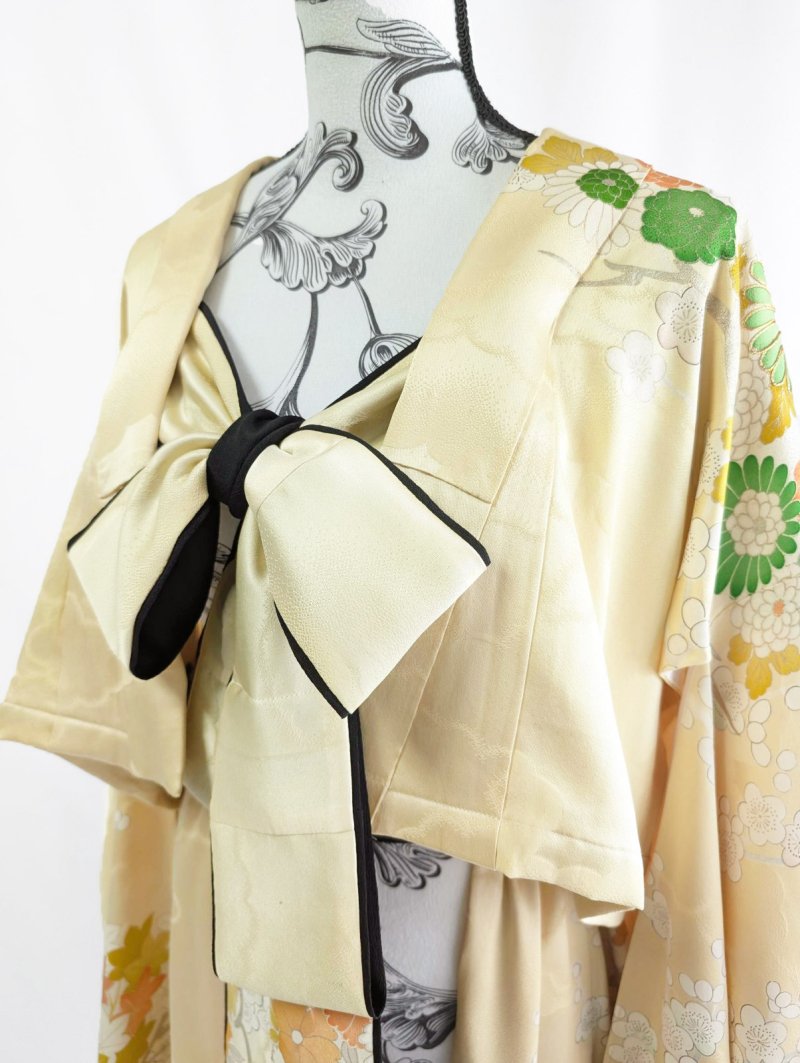 画像22: 【淡黄地紋×金駒菊×四季草花】振袖オーバースカート&リボンジャケット (22)
