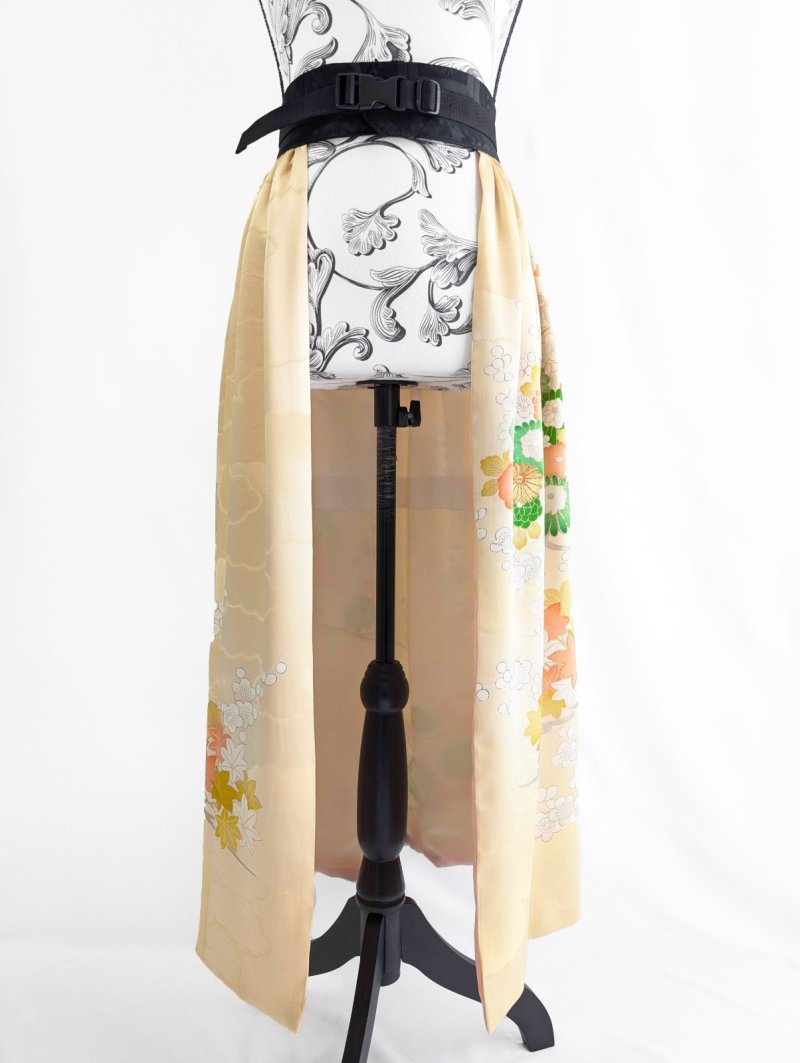 画像8: 【淡黄地紋×金駒菊×四季草花】振袖オーバースカート&リボンジャケット (8)