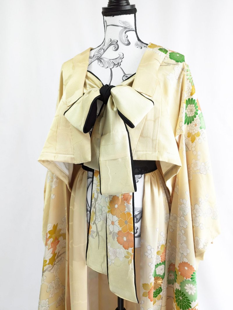 画像21: 【淡黄地紋×金駒菊×四季草花】振袖オーバースカート&リボンジャケット (21)