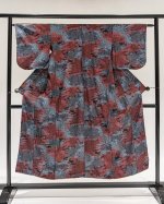 画像1: 紅青×水墨風抽象模様【袷着物】 (1)