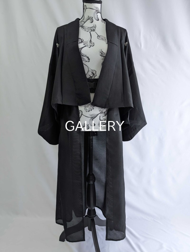 画像6: 【三つ柏】黒紋付シースルーオーバースカートセットアップ (6)