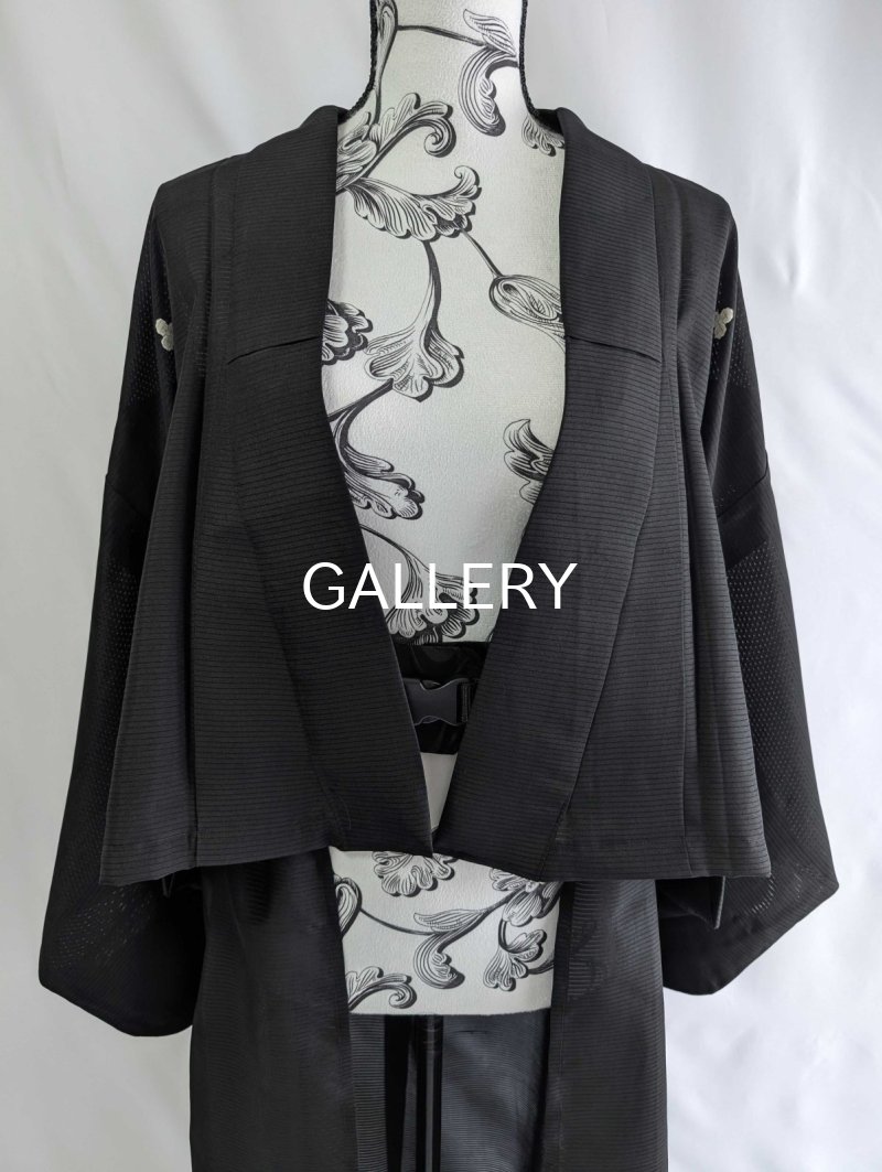 画像7: 【三つ柏】黒紋付シースルーオーバースカートセットアップ (7)