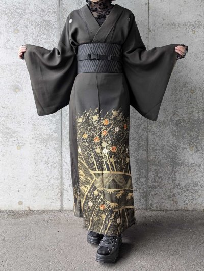 画像1: 【金駒×梅竹文様×黒橡色】黒留袖ラップスカートセットアップ