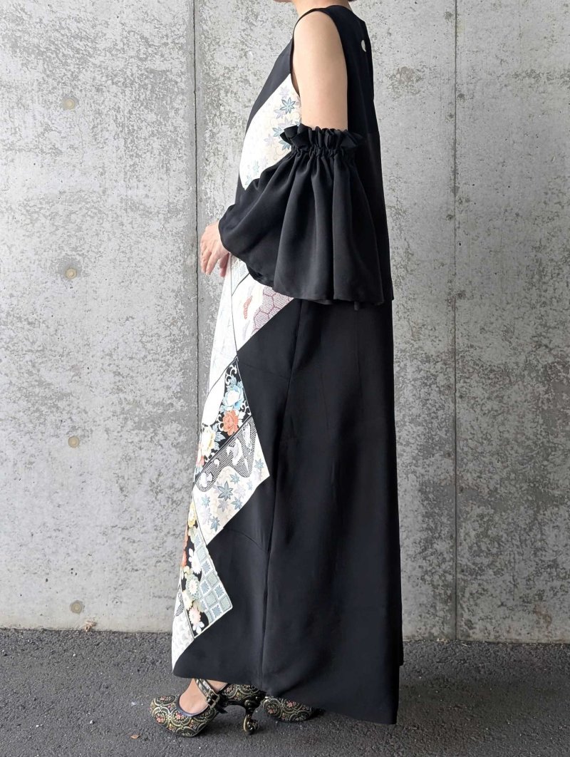 画像4: 【抱き茗荷紋×菊重ね】黒留袖ワンピース＆フリルスリーブ (4)