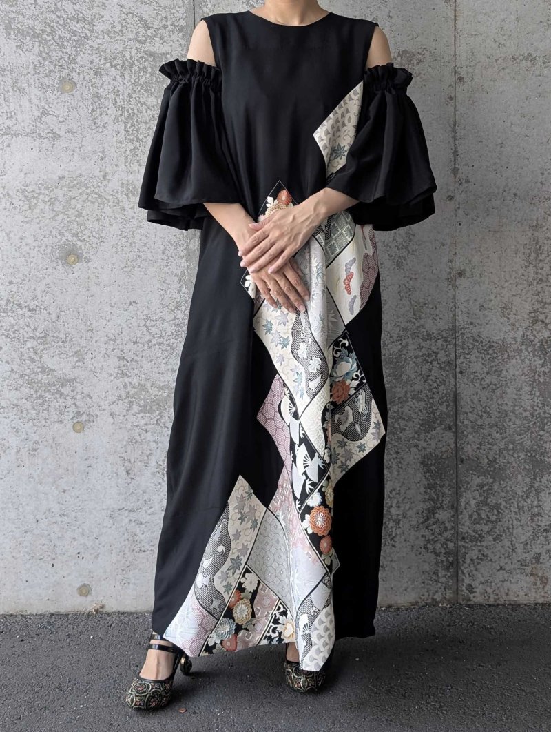 画像7: 【抱き茗荷紋×菊重ね】黒留袖ワンピース＆フリルスリーブ (7)