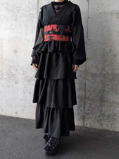 画像2: 【違い鷹の羽紋】黒紋付フリルティアードラップスカートセットアップ